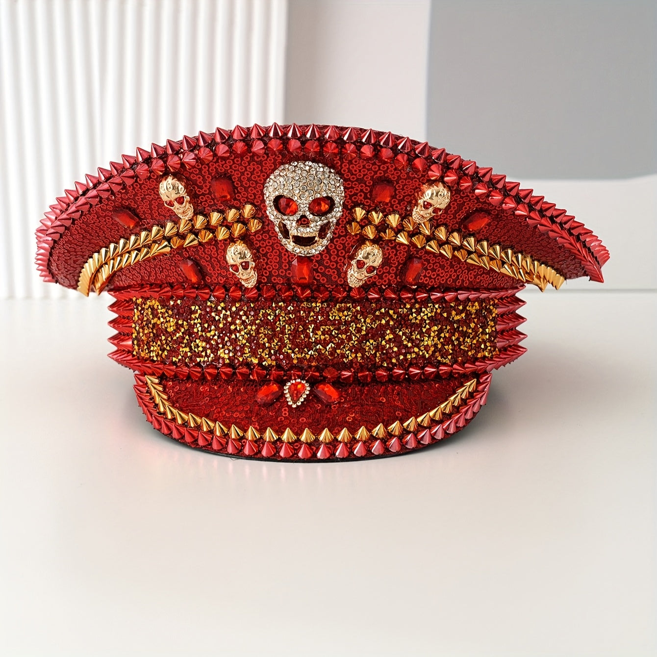 Green Red Glitter Sequin Rivet  Skull Rhinestone Hat
