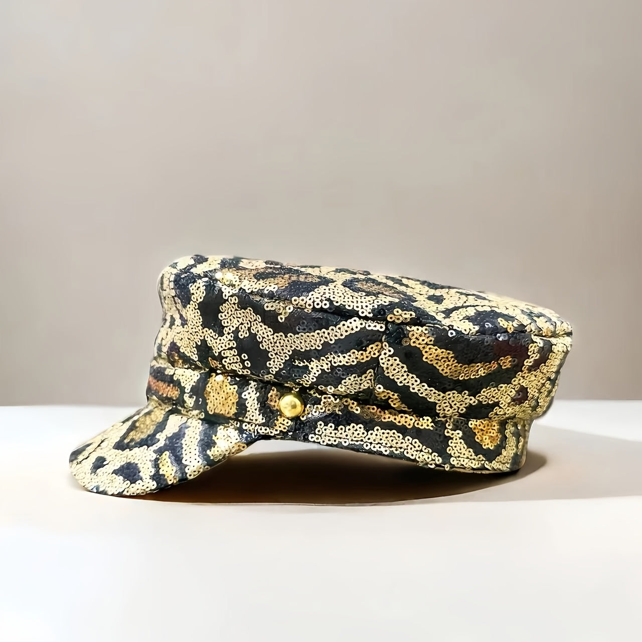 Leopard Print Sequin-Embellished Beret Hat