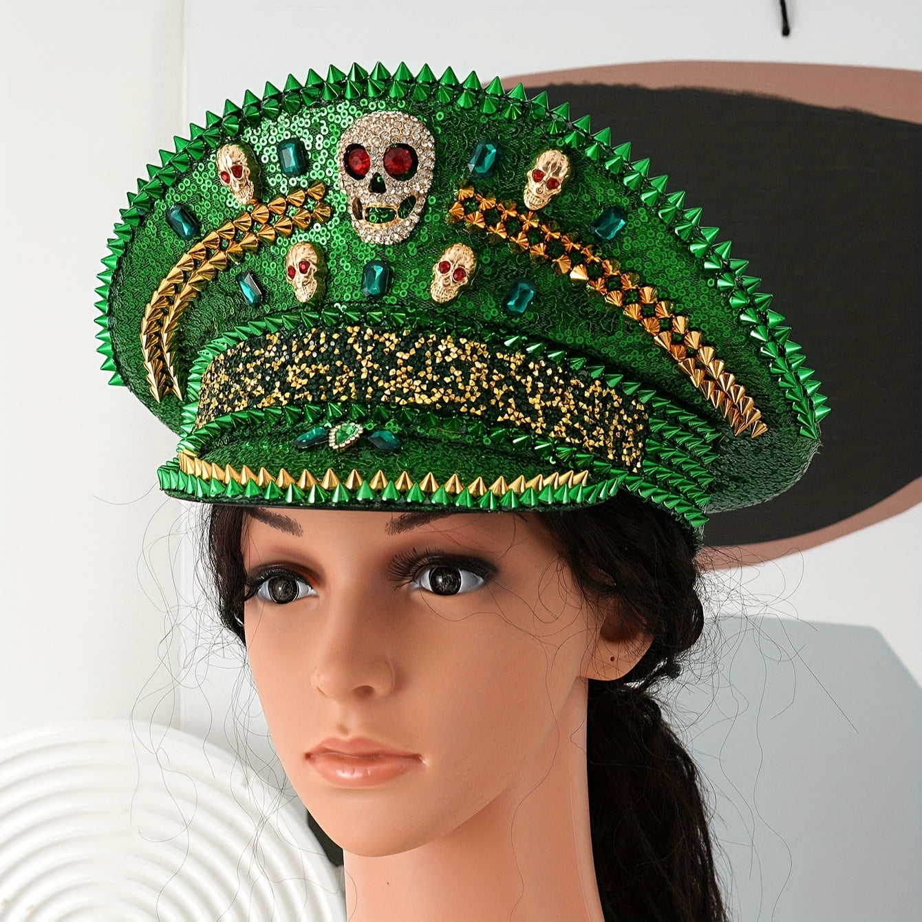 Green Red Glitter Sequin Rivet  Skull Rhinestone Hat