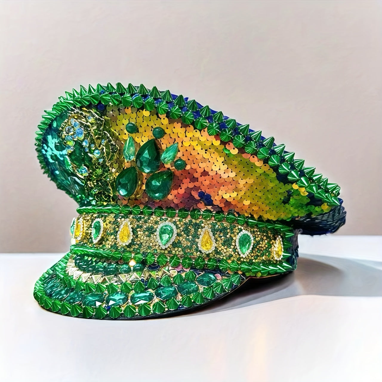 Sparkling Green Rhinestone Steampunk Captain Hat