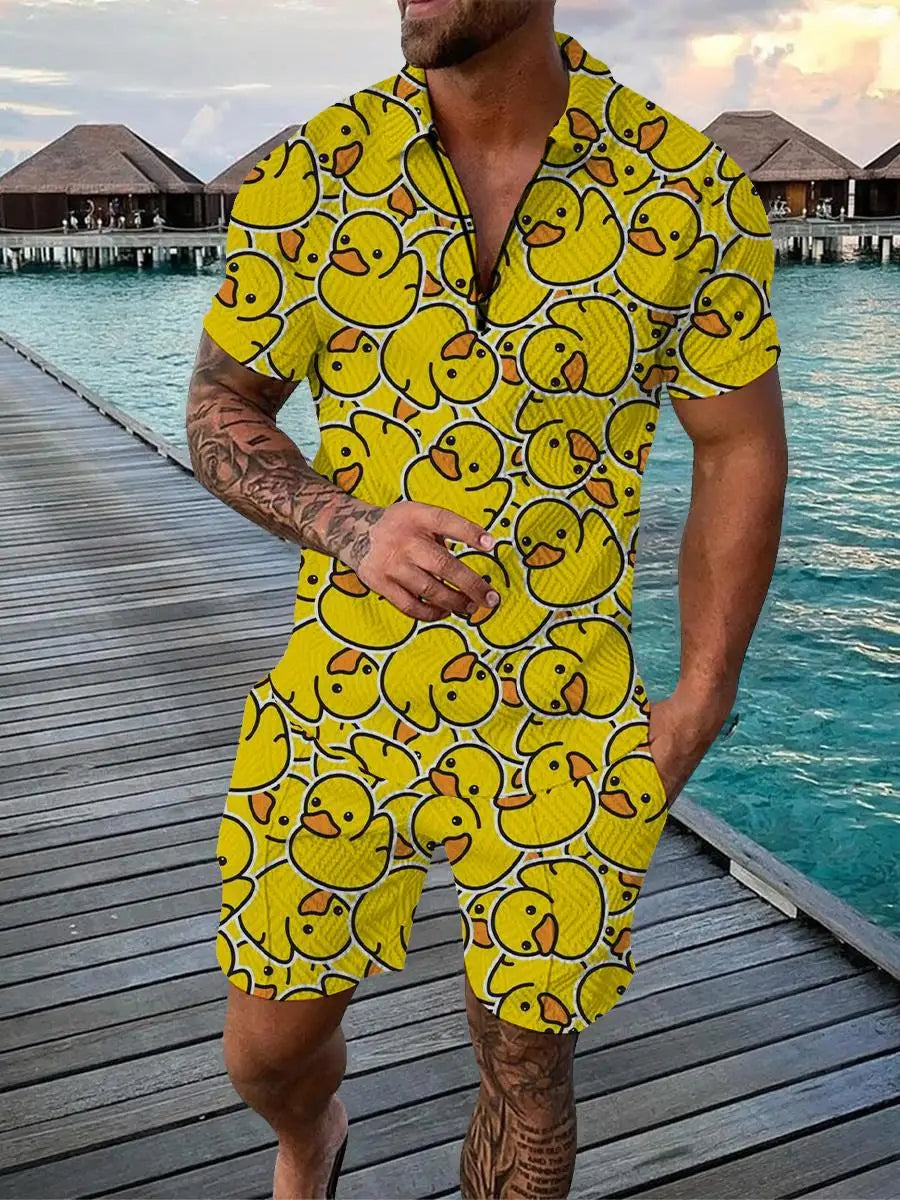 Cartoon Duck Panda 3D Print Polo Shirts & Shorts Suits