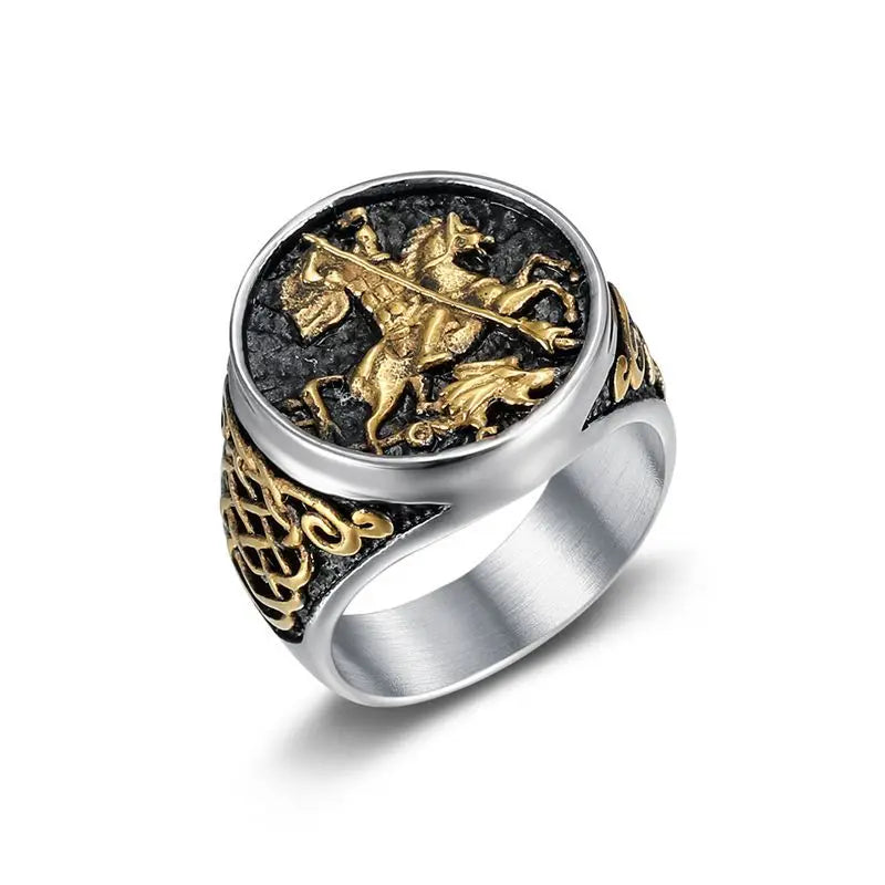 Gold-Plated Saint George Dragon Slaying Knight  Ring