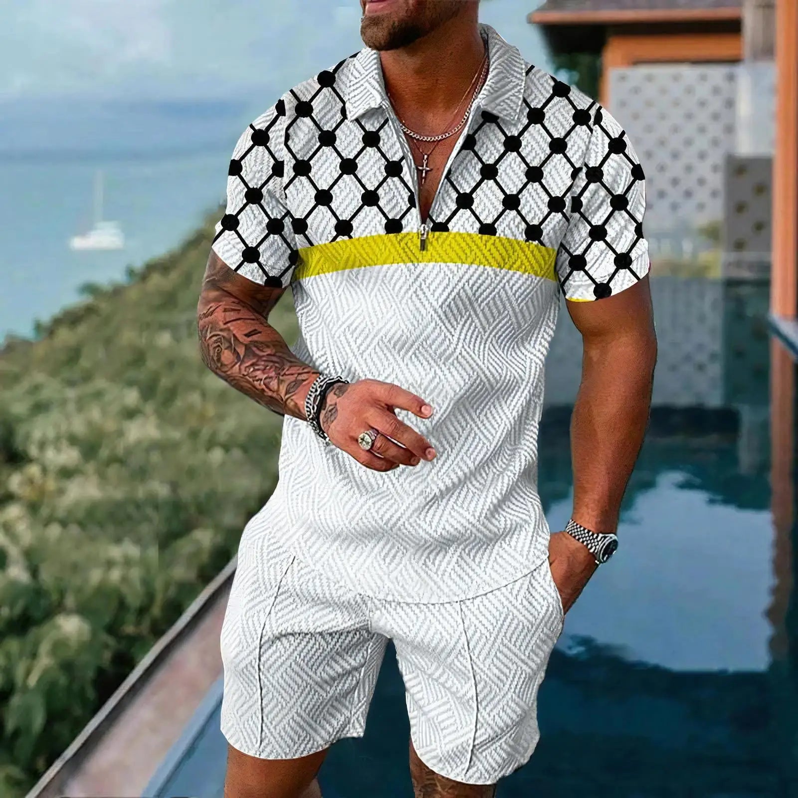 White Plaid Graphic Polo Shirt Sets Casual Zipper