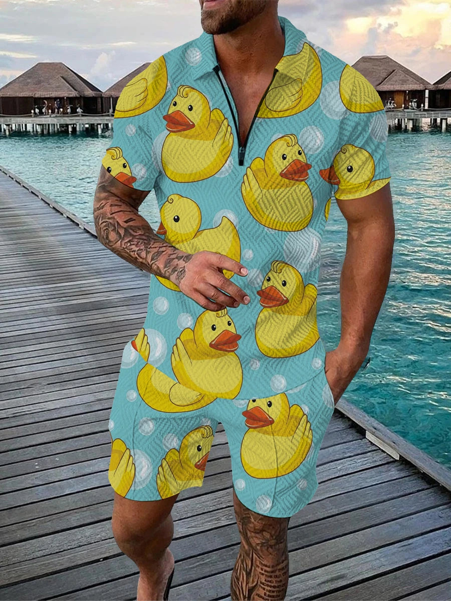 Cartoon Duck Panda 3D Print Polo Shirts & Shorts Suits