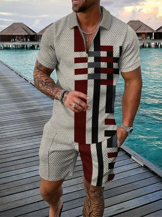 Trend Plaid Stripes Print Casual  Polo Shirt & Shorts