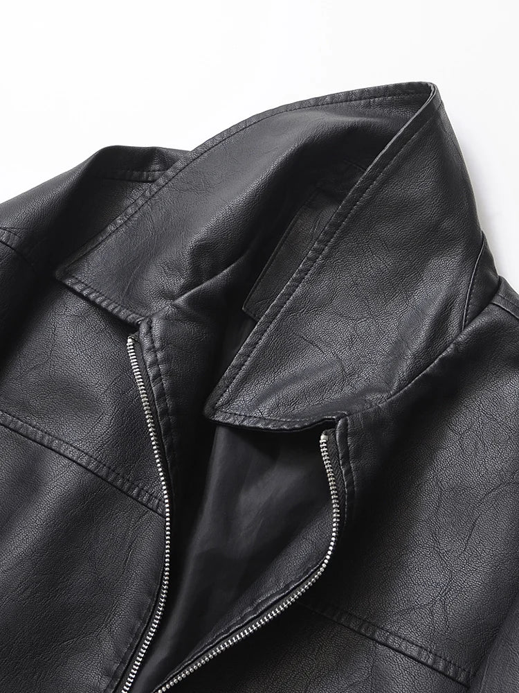 Ailegogo Retro Loose Short Pu Faux Leather Jacket