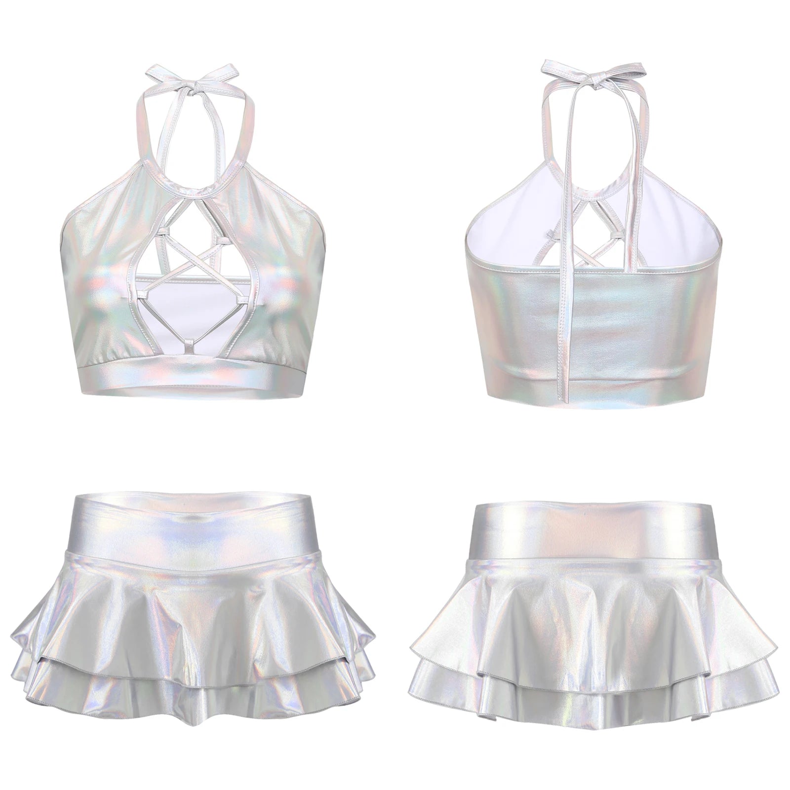 Two Piece Shiny Metallic Rave  Crop Top Bra Vest