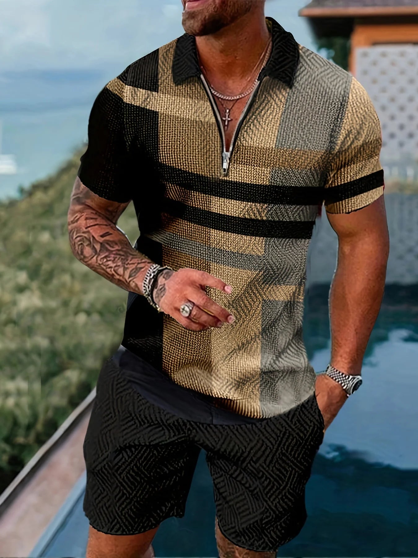 3D Printed Short Sleeve Zipper Polo Shirt Shorts