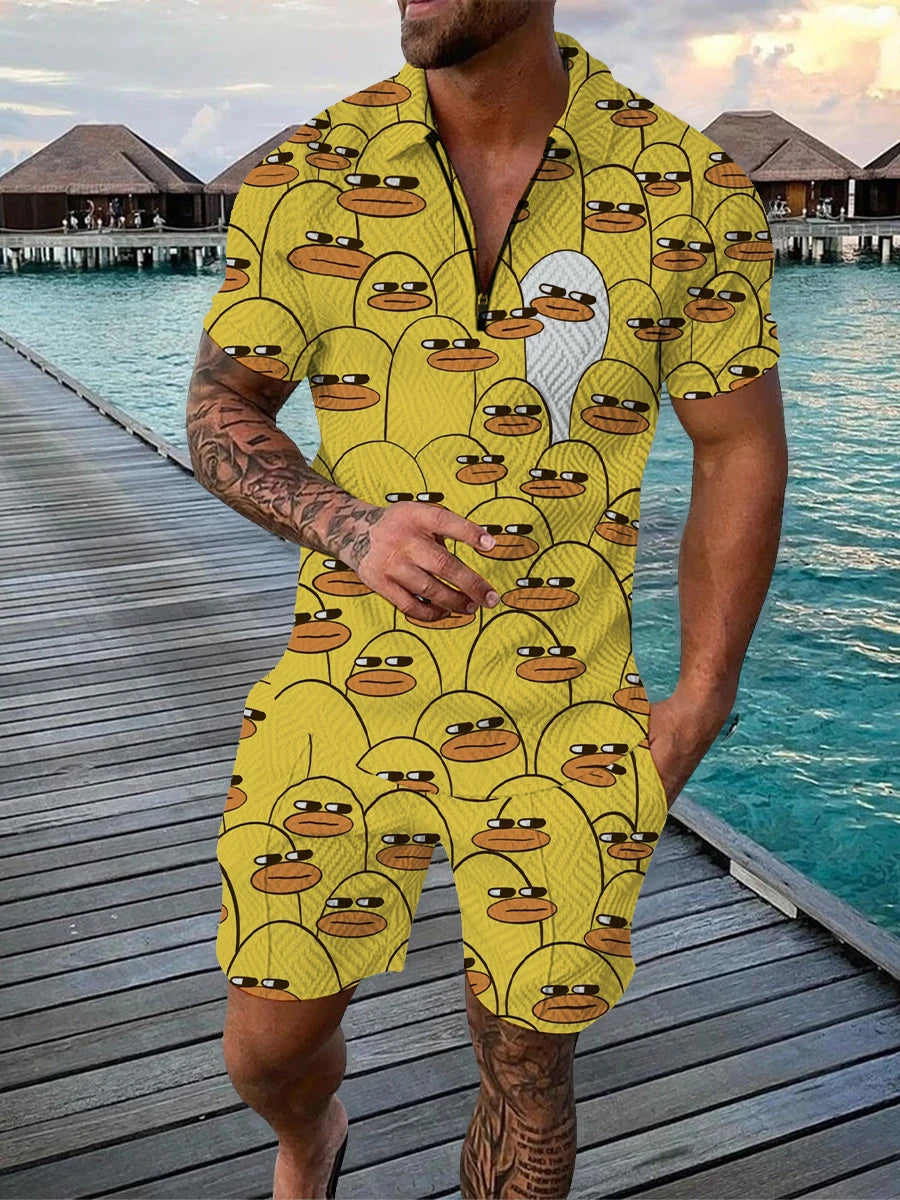 Cartoon Duck Panda 3D Print Polo Shirts & Shorts Suits