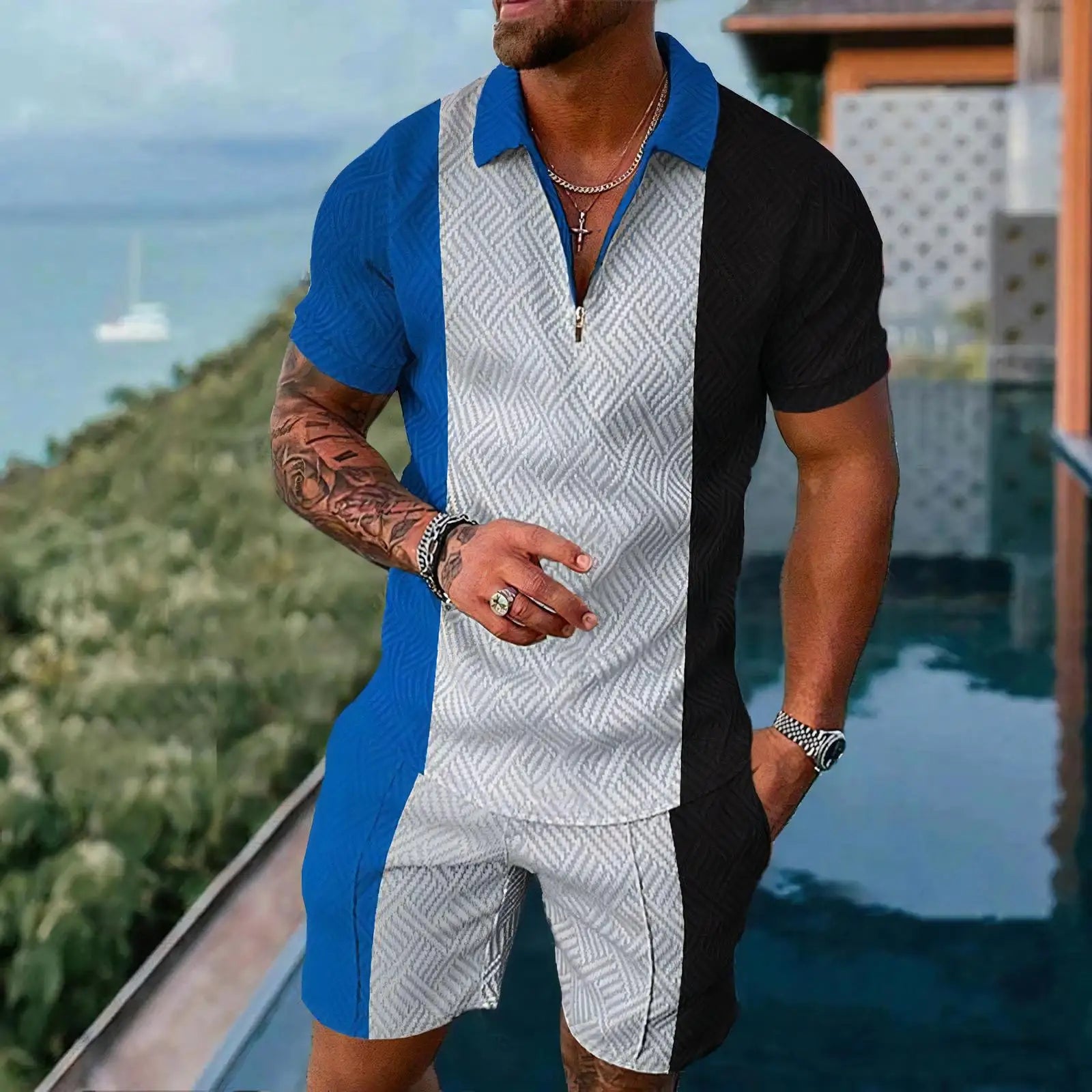 White Plaid Graphic Polo Shirt Sets Casual Zipper