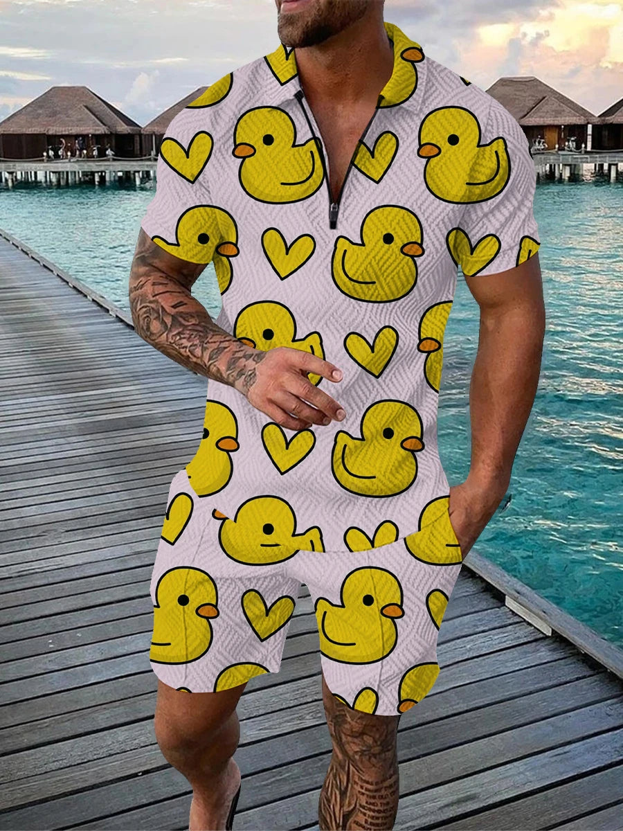 Cartoon Duck Panda 3D Print Polo Shirts & Shorts Suits