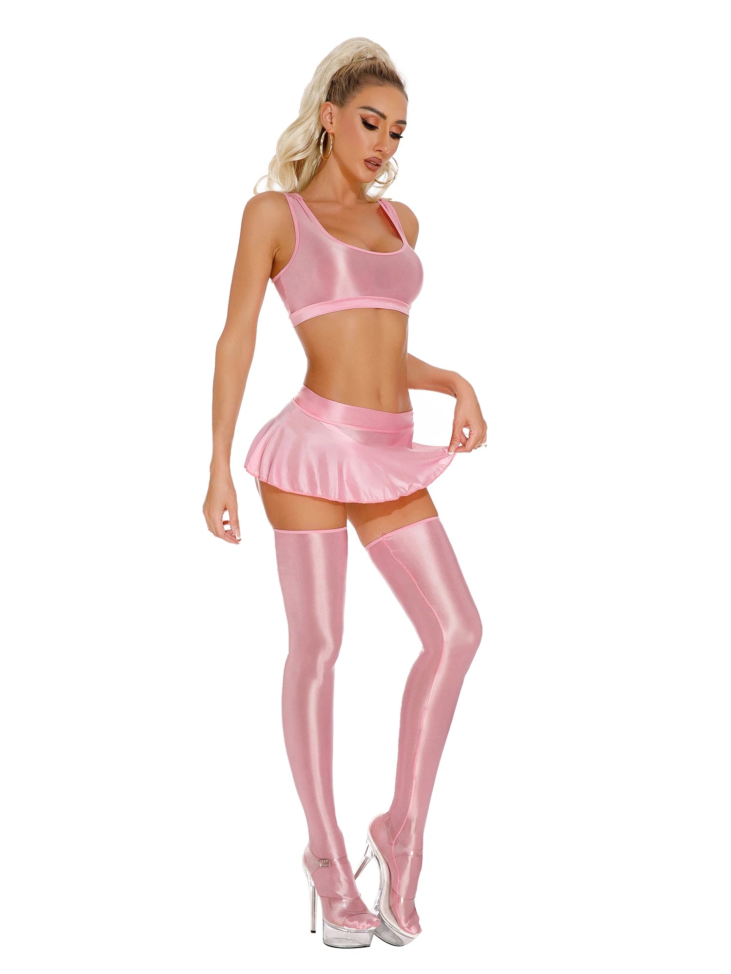 Glossy Rave Party Outfit Mini Skirt  & Crop Top