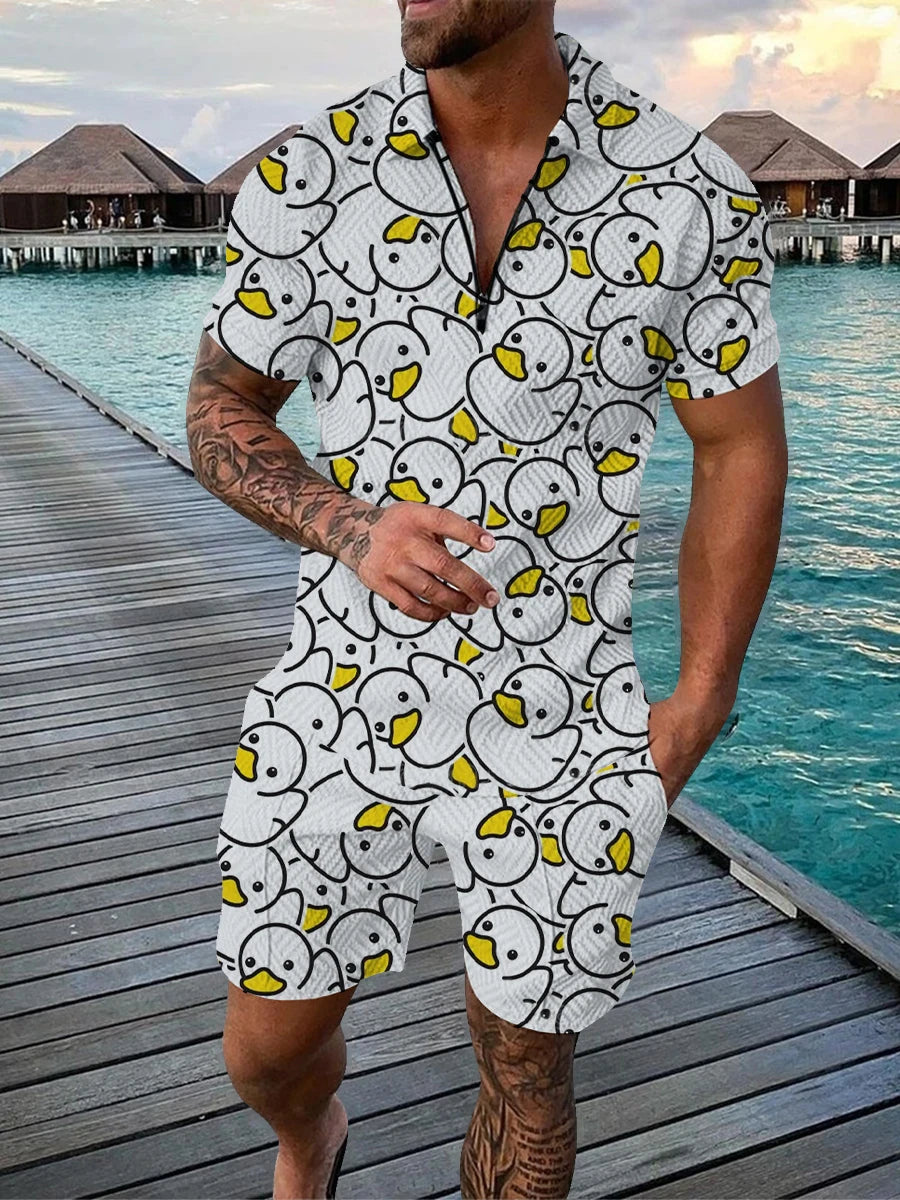 Cartoon Duck Panda 3D Print Polo Shirts & Shorts Suits