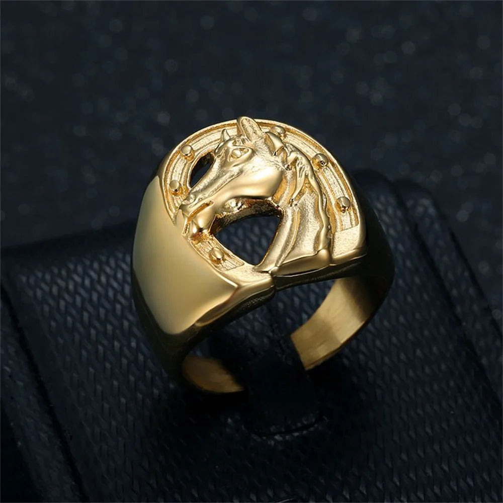 18k gold plating Punk Horseshoe Horse Head Ring