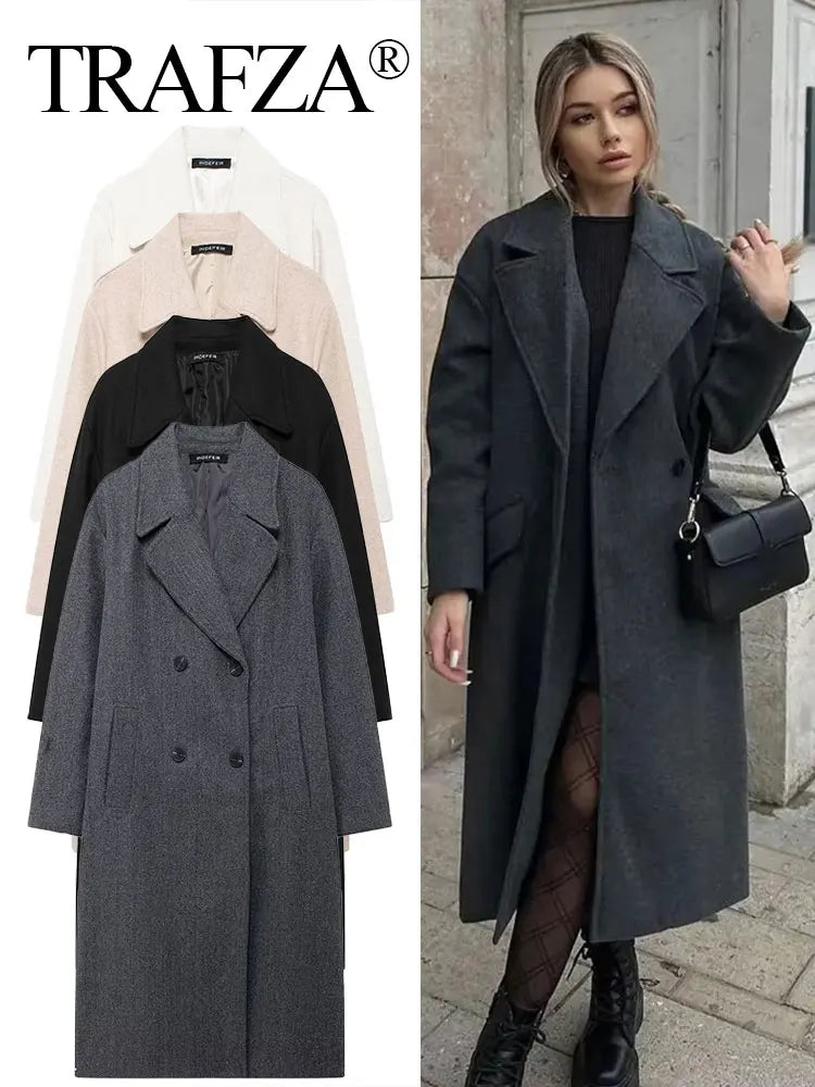 TRAFZA Solid Lapel Double Breasted Coat