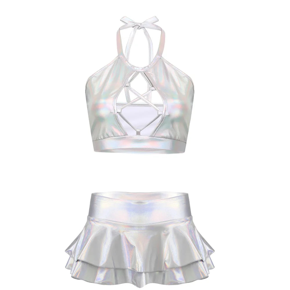 Two Piece Shiny Metallic Rave  Crop Top Bra Vest