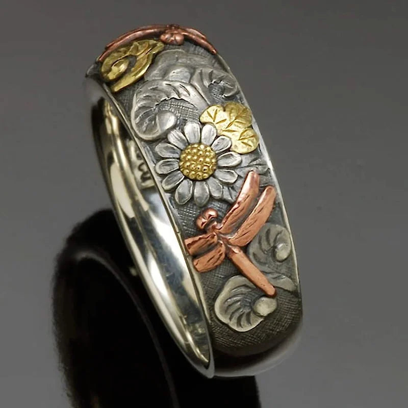 Vintage Silver and Rose Gold Color Carved Dragonfly Sunflower Ring
