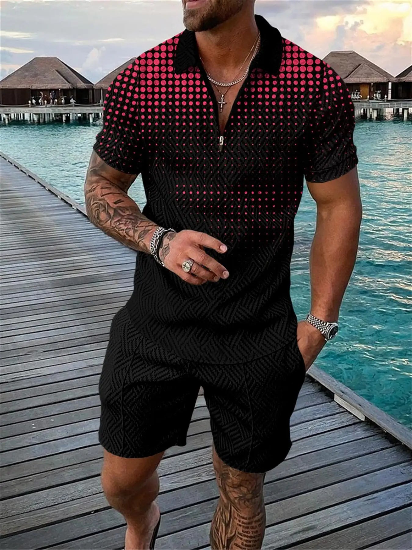 Abstract Dots 3D Print Polo Shirts & Shorts Sets