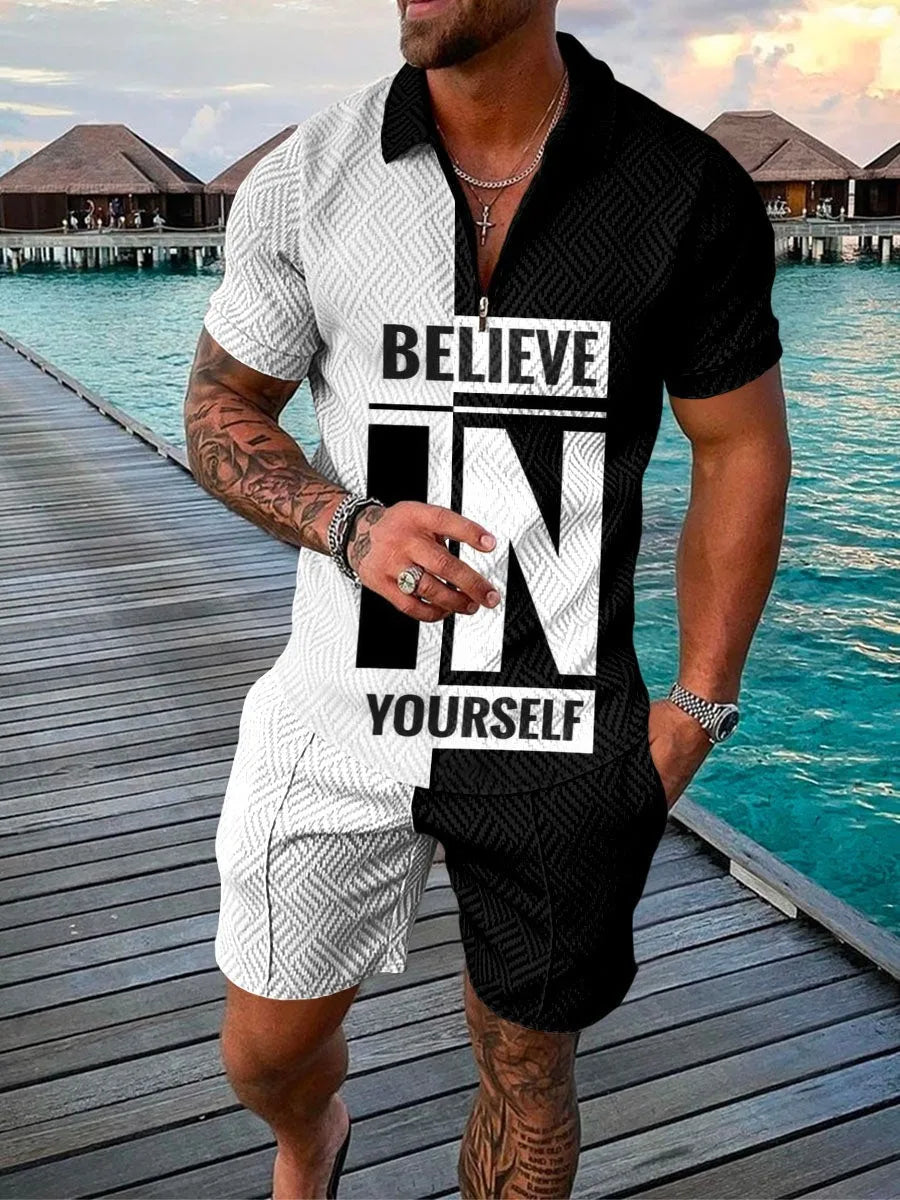 3D Printed Short Sleeve Zipper Polo Shirt Shorts