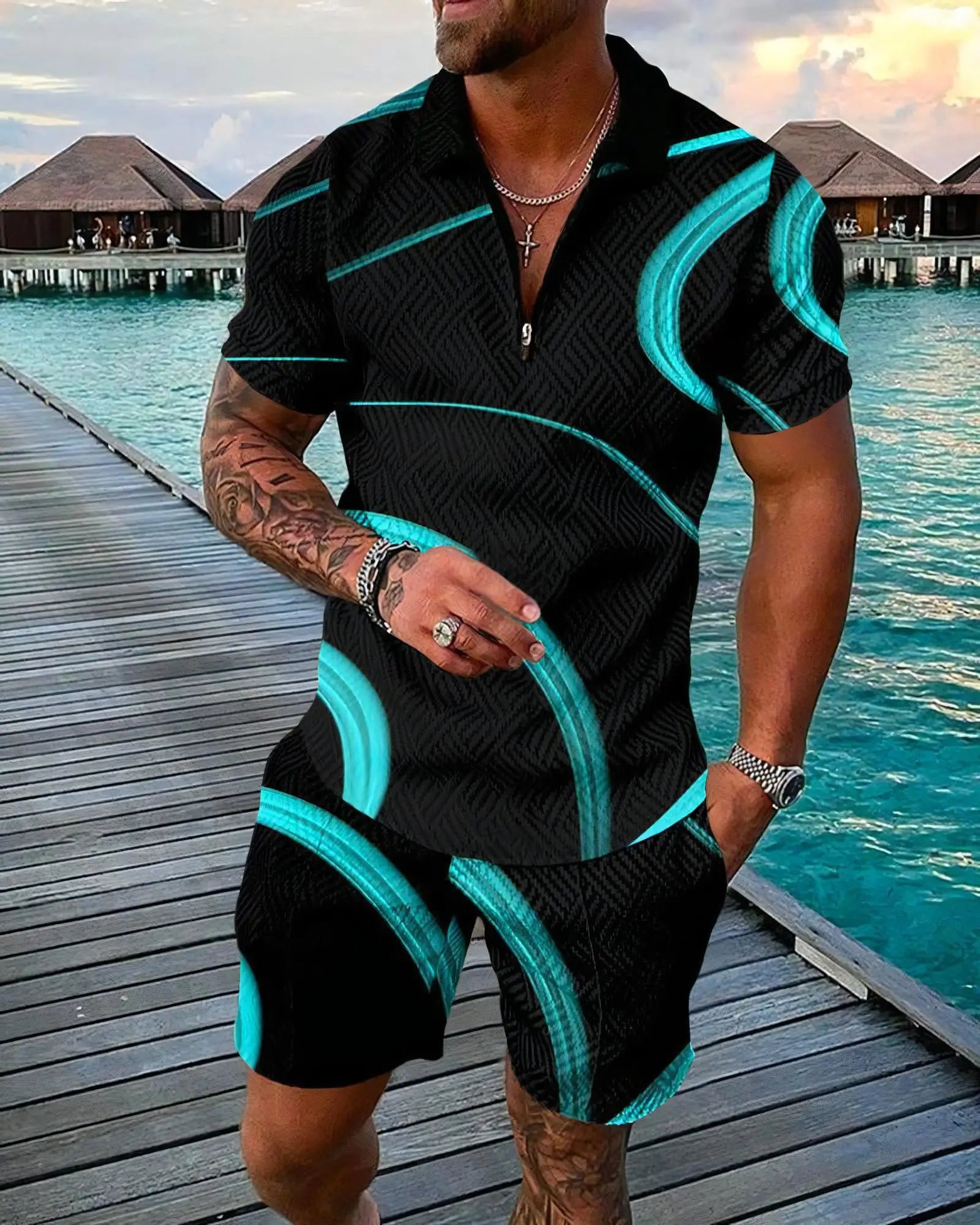 3D Digital Printed  Polo Shirt & Shorts Suits