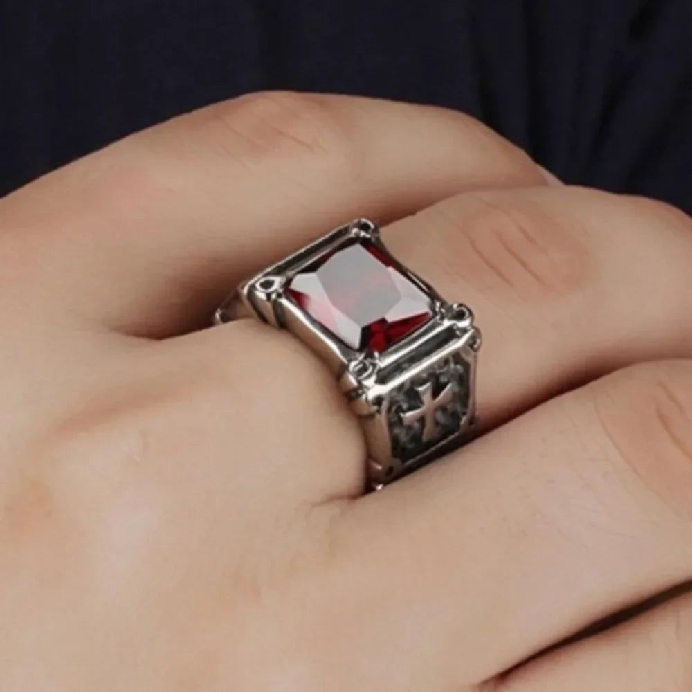Compact Red Gemstone Cross Pattern Ring