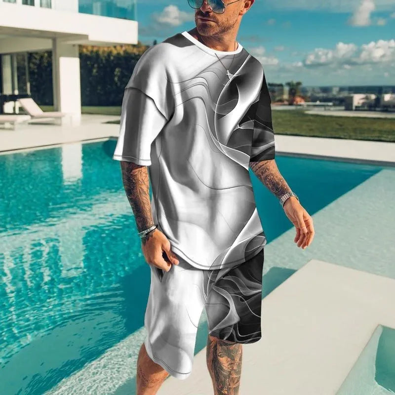 3D Short Sleeve Loose Casual Colorful Line Printing suit