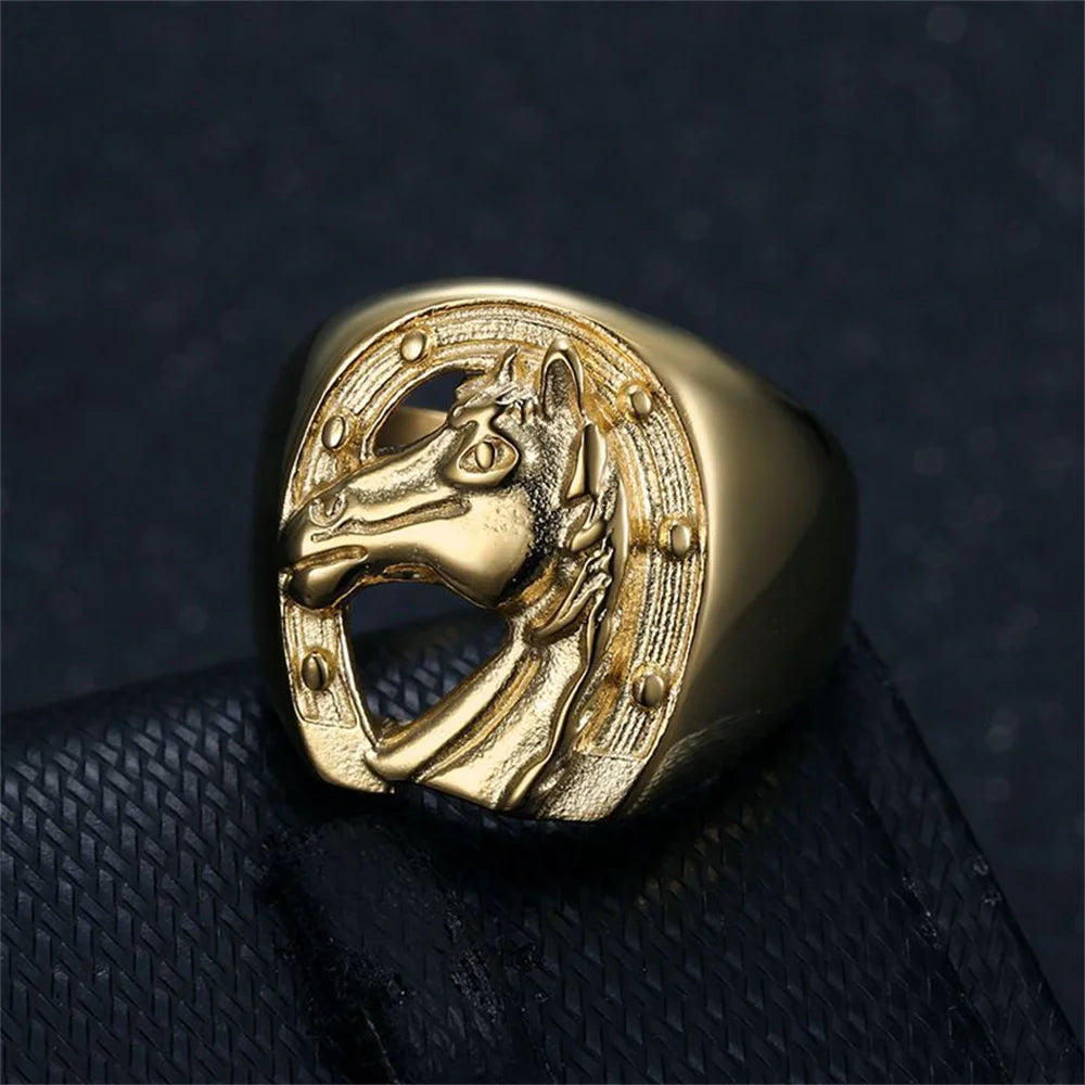 18k gold plating Punk Horseshoe Horse Head Ring