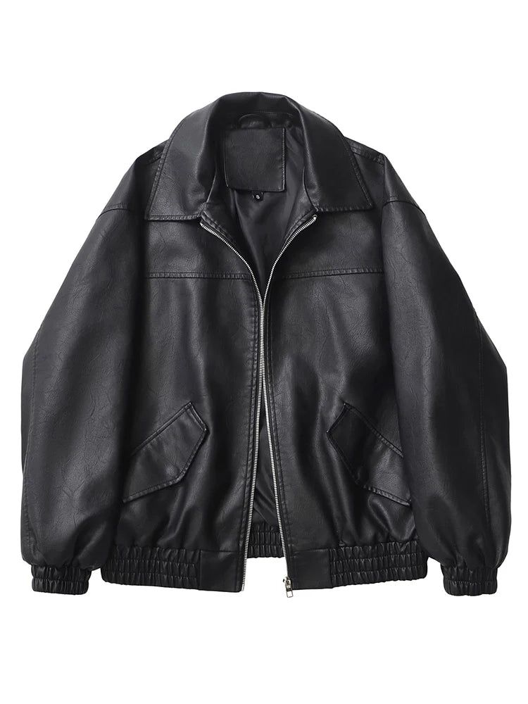 Ailegogo Retro Loose Short Pu Faux Leather Jacket