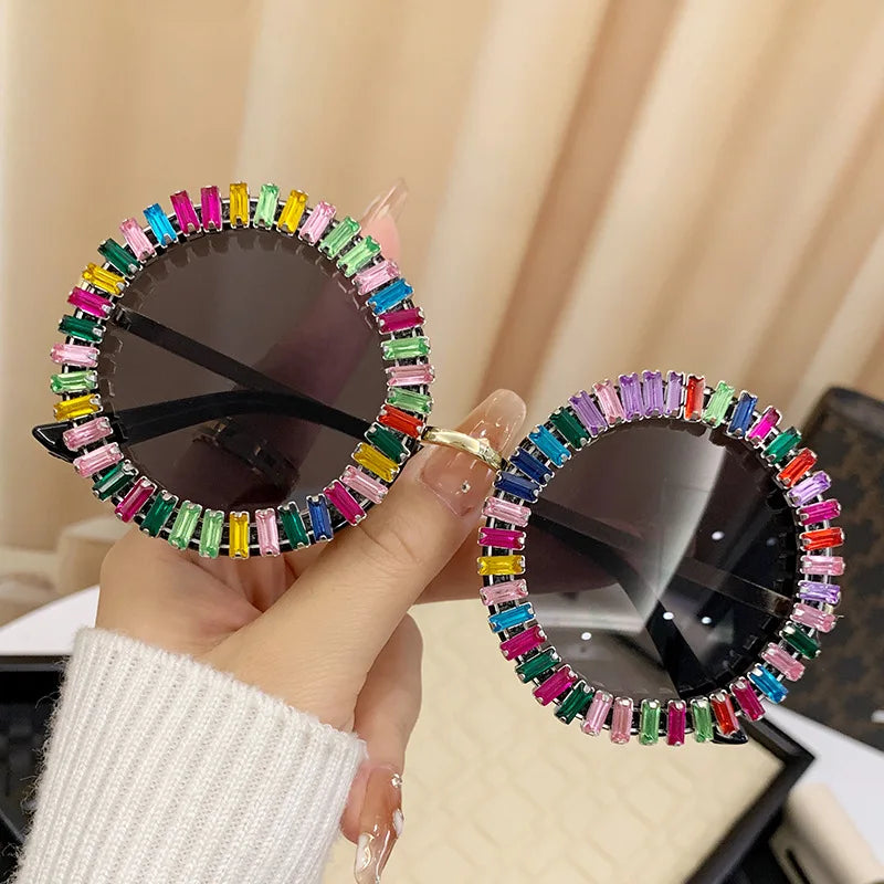 Luxury Brand Designer Round Diamond Sunglasses