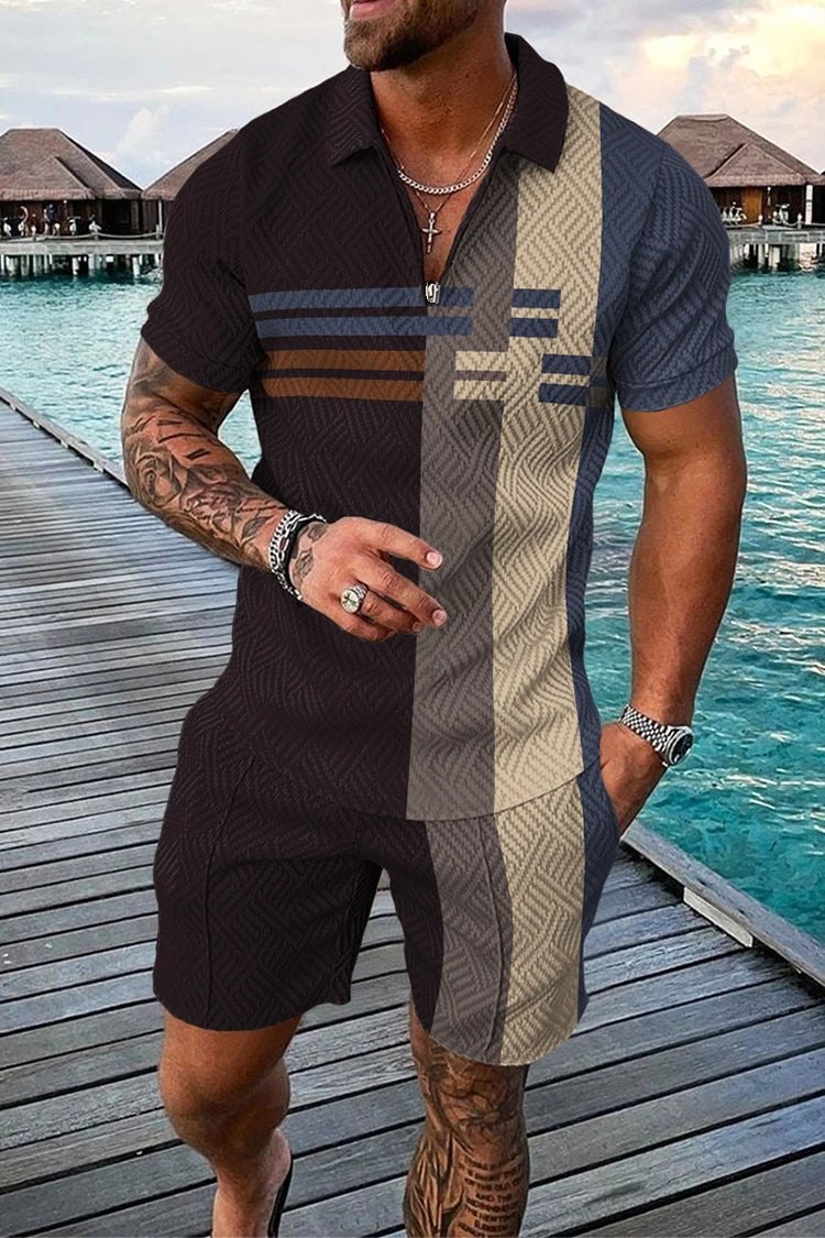 Trend Plaid Stripes Print Casual  Polo Shirt & Shorts