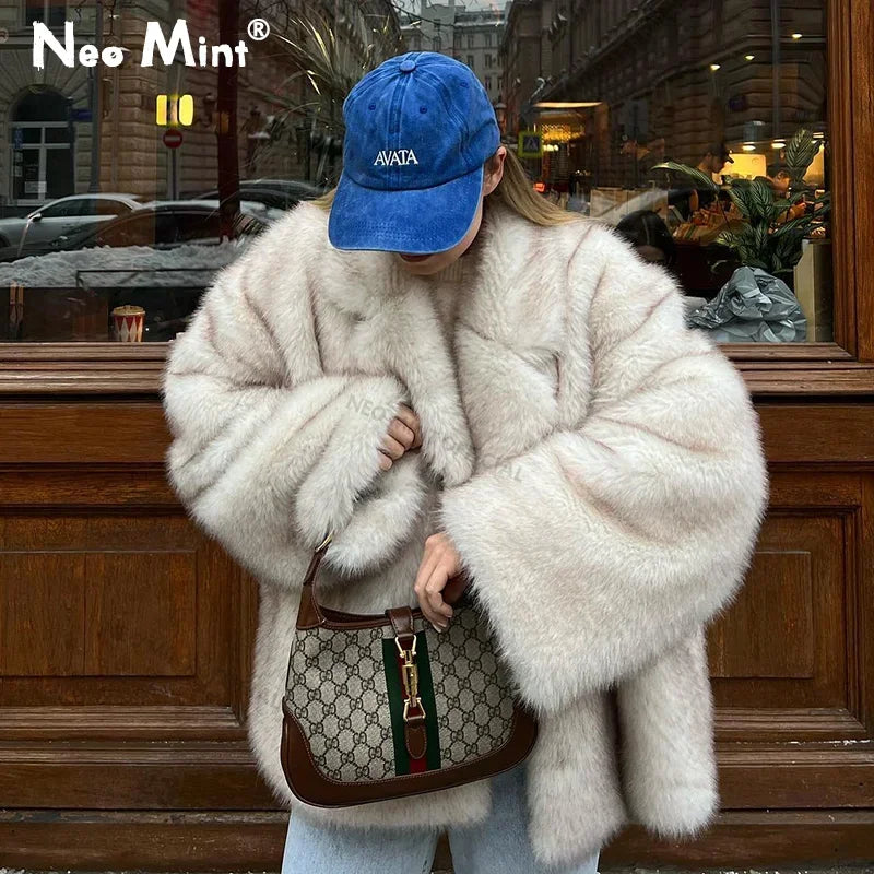 Neo Mint Fluffy Faux Fox Fur Jacket