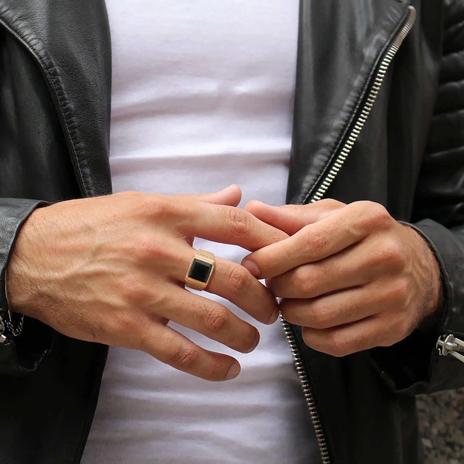 14k gold plating Black Stone Signet Ring,