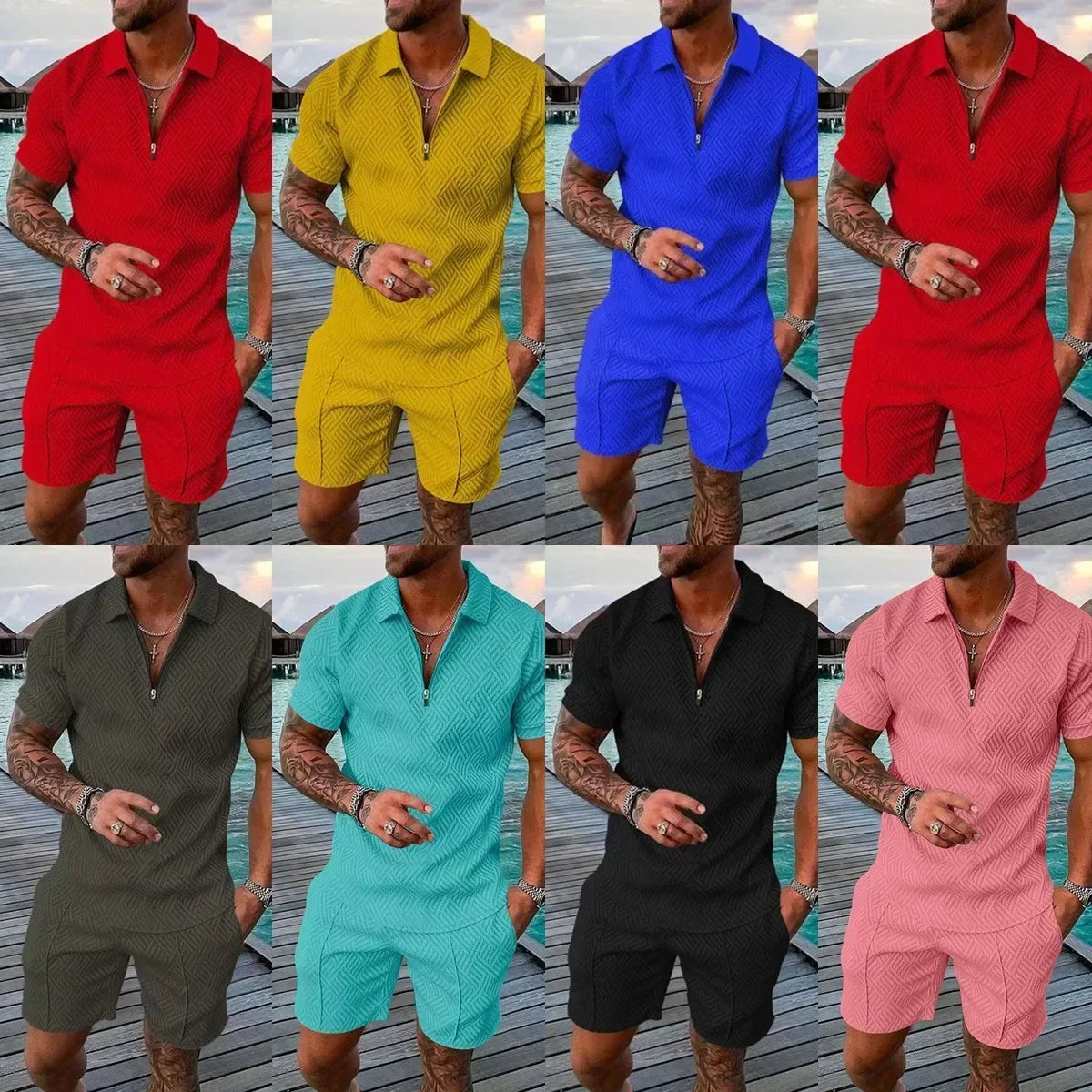 V-neck Zipper Short Sleeve POLO Shirt & Shorts