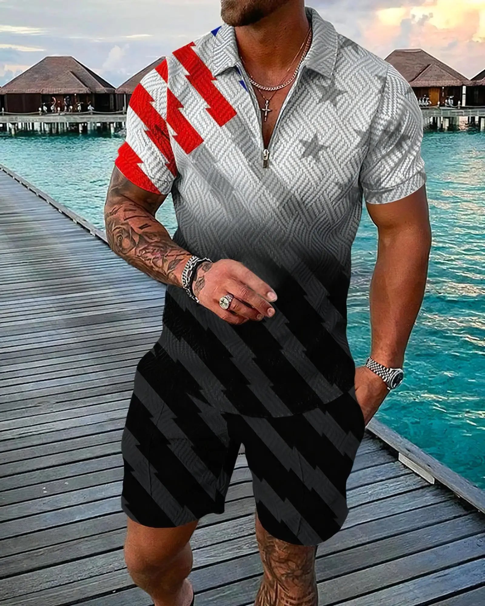 3D Digital Printed  Polo Shirt & Shorts Suits