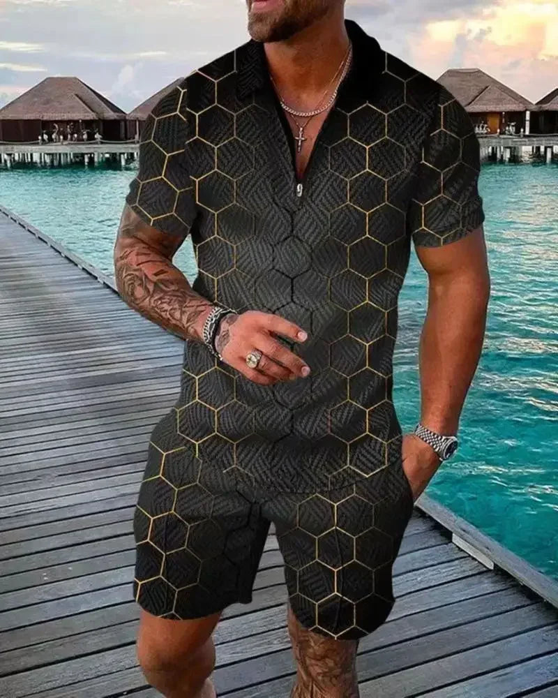 V-neck Zipper Short Sleeve POLO Shirt & Shorts