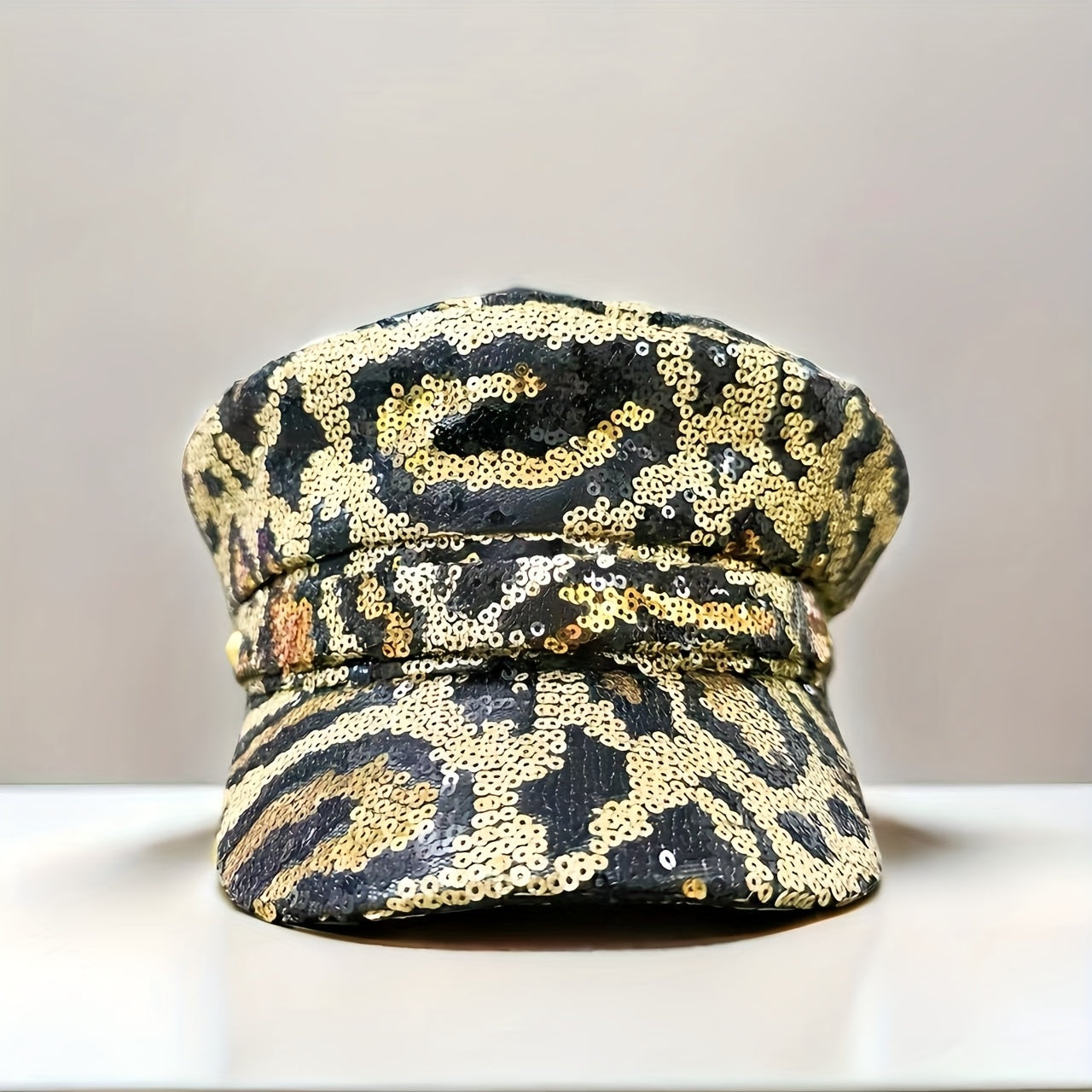 Leopard Print Sequin-Embellished Beret Hat
