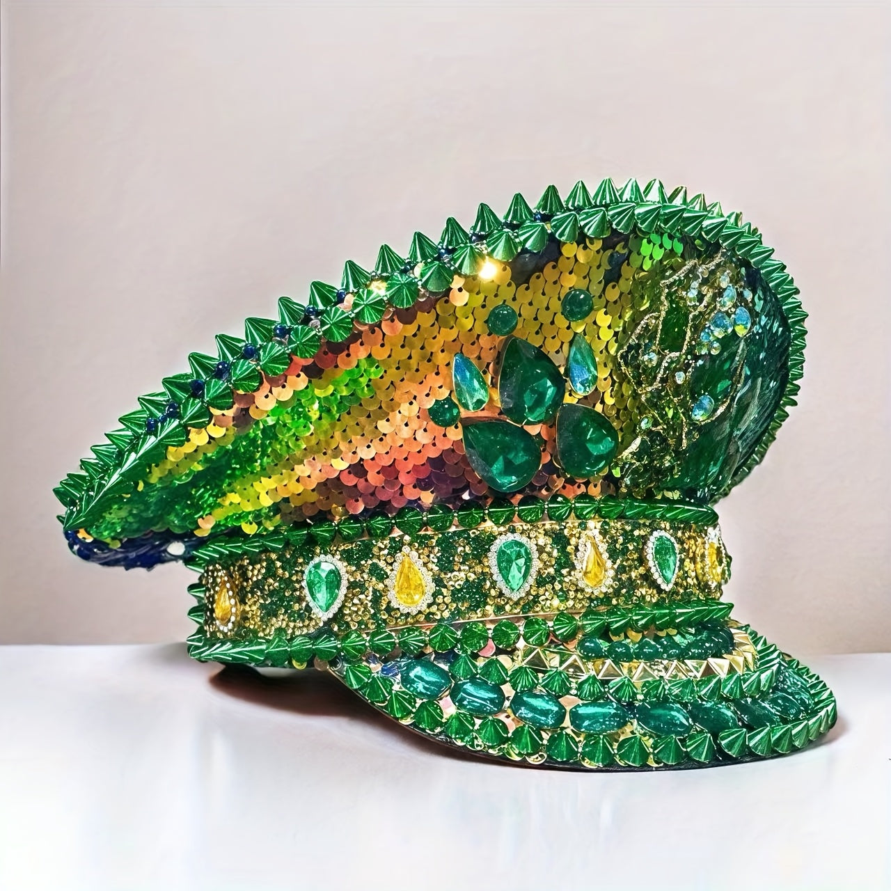 Sparkling Green Rhinestone Steampunk Captain Hat