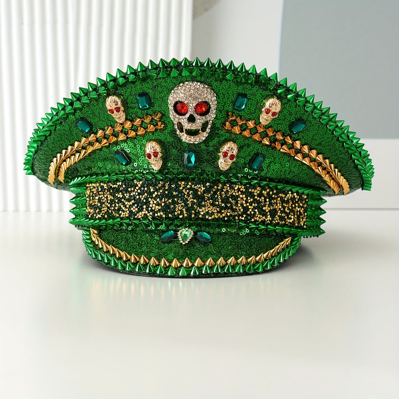 Green Red Glitter Sequin Rivet  Skull Rhinestone Hat