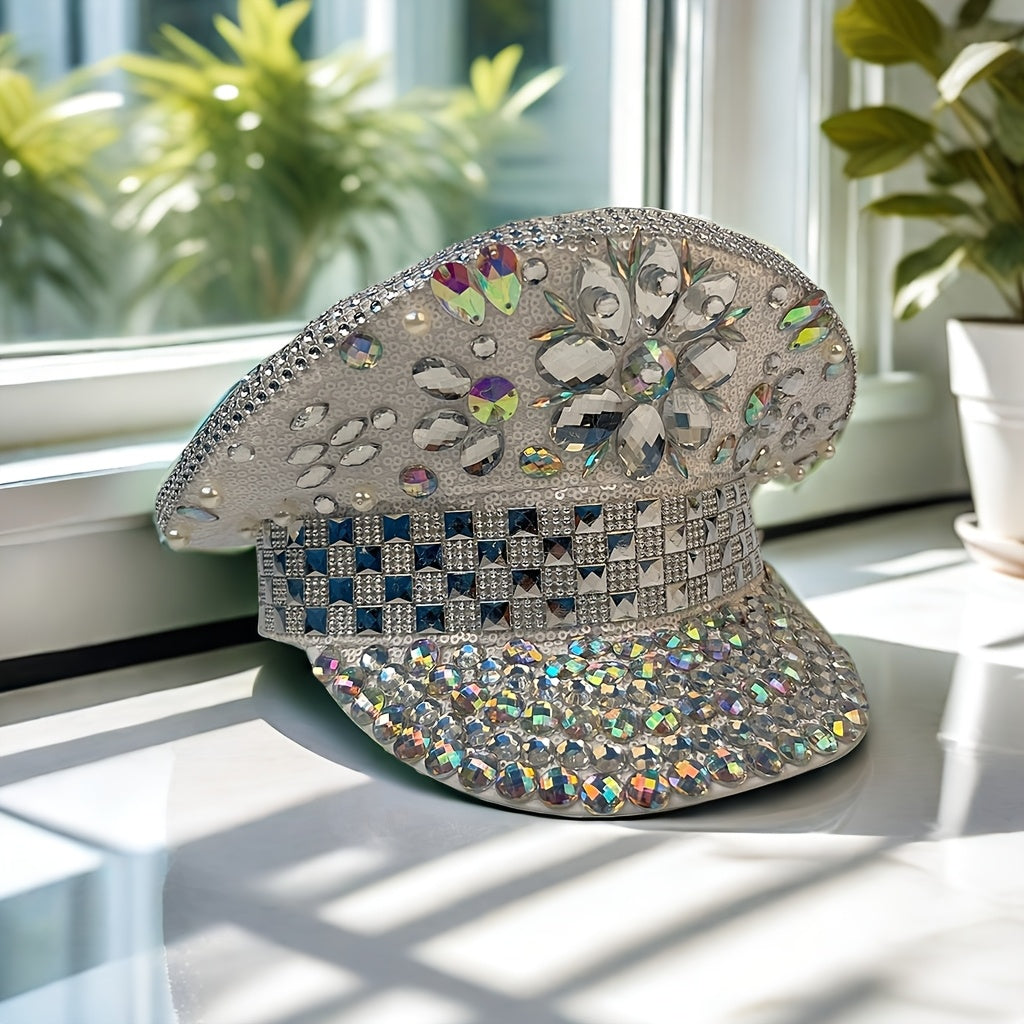 Sparkling Crystal-Embellished Military Hat