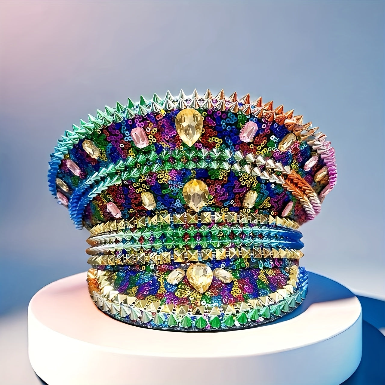 Vintage Steampunk Rainbow Rhinestone & Sequin Captain Hat