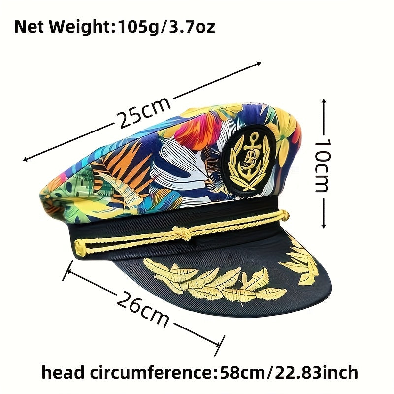Three-Color Floral Print Polyester Captain's Hat with Embroidered Badge