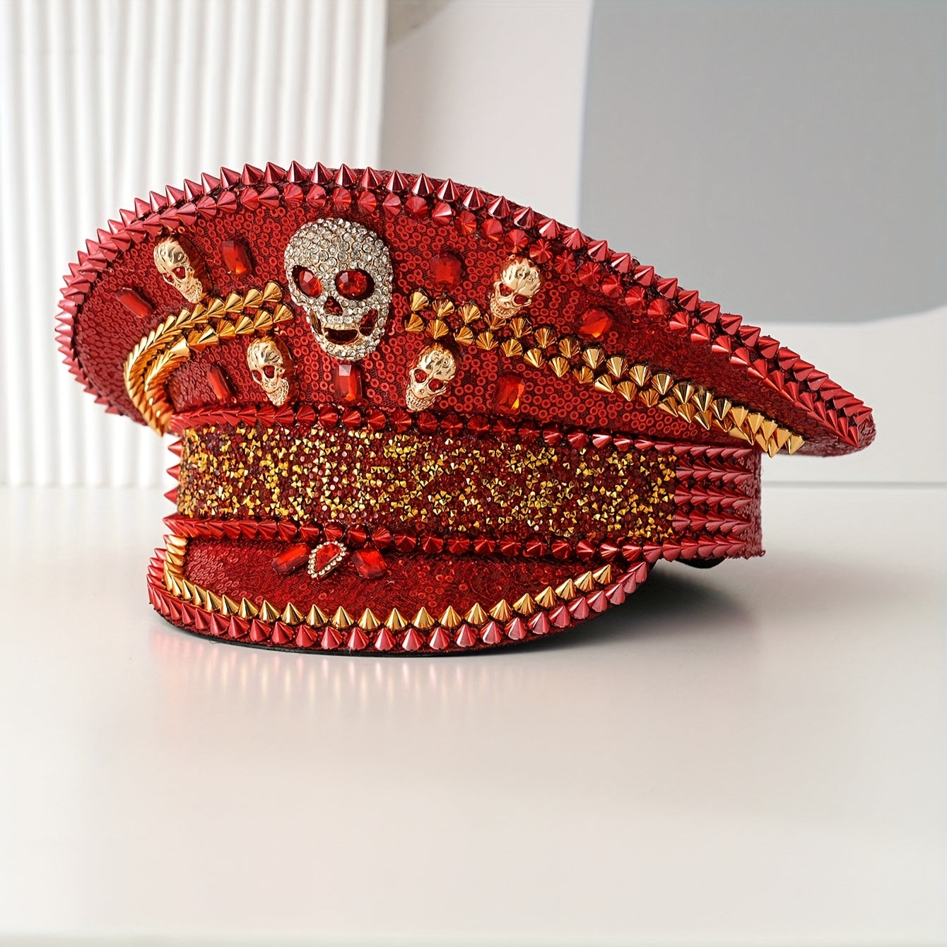 Green Red Glitter Sequin Rivet  Skull Rhinestone Hat