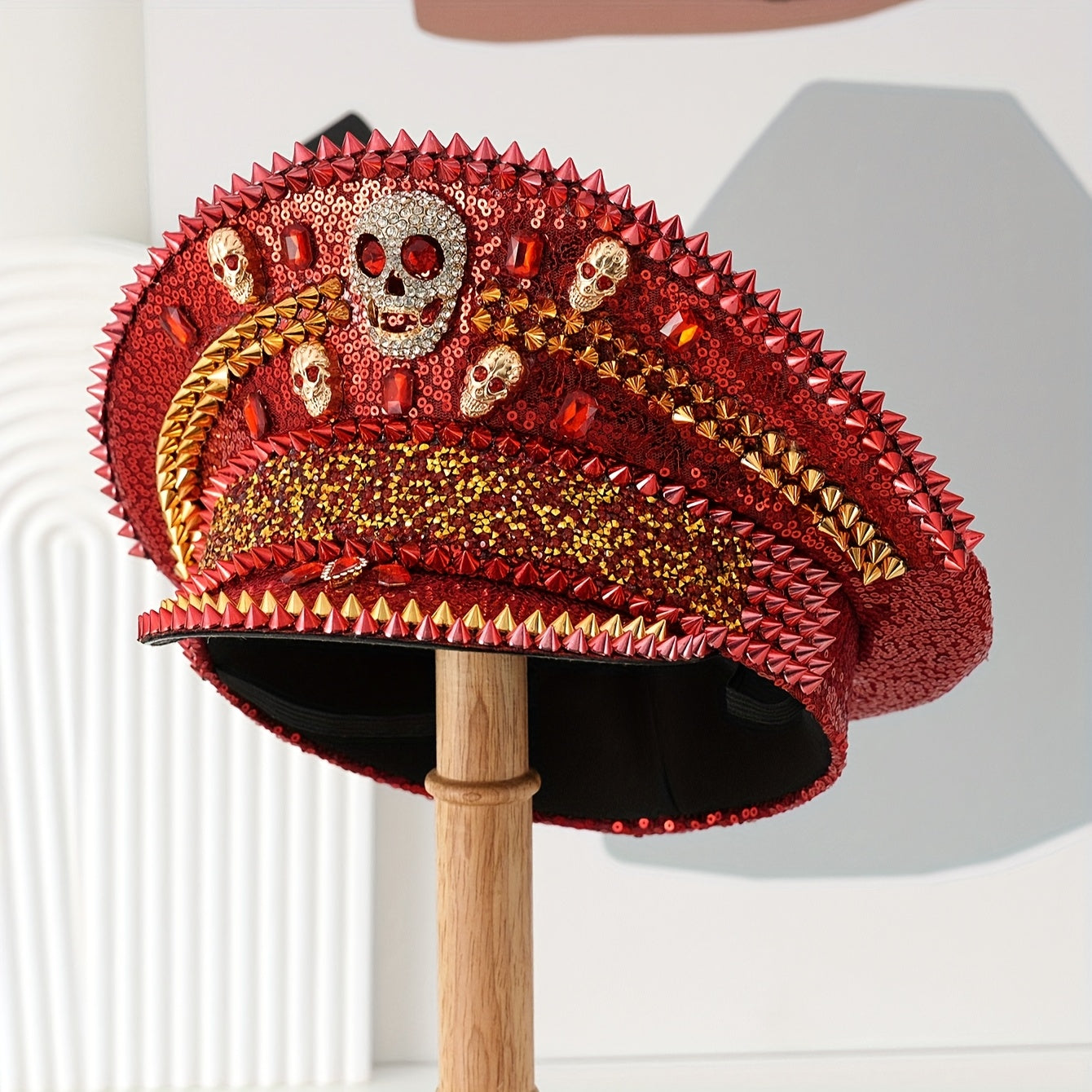 Green Red Glitter Sequin Rivet  Skull Rhinestone Hat
