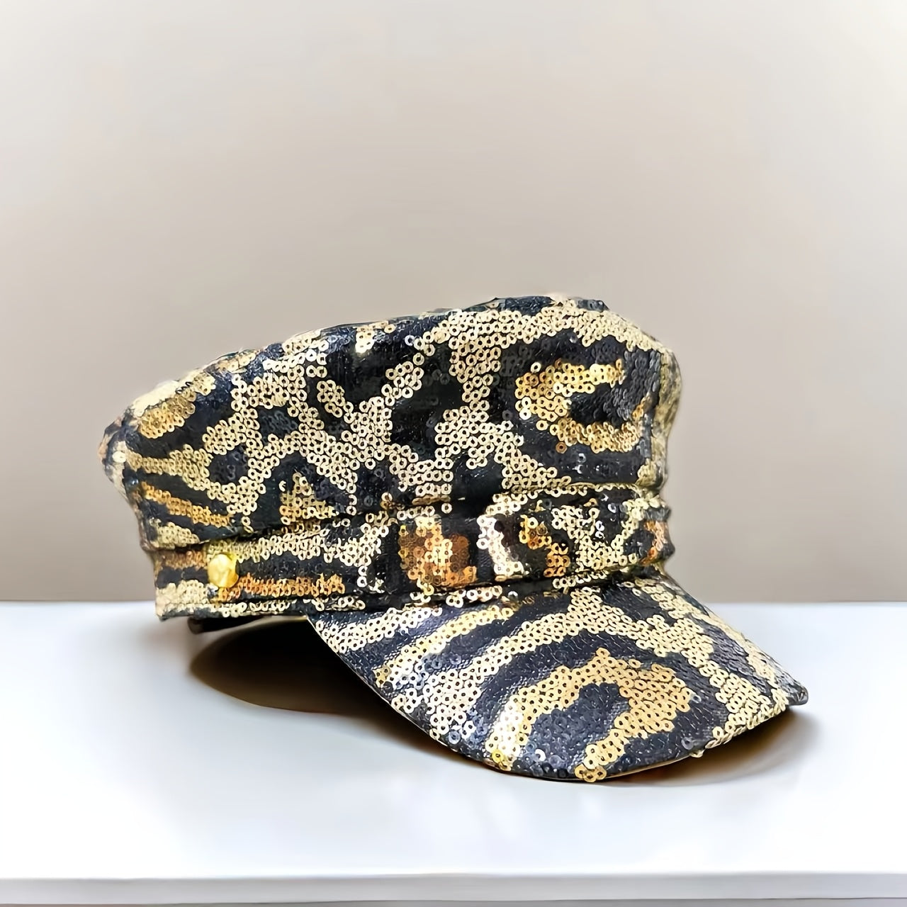 Leopard Print Sequin-Embellished Beret Hat