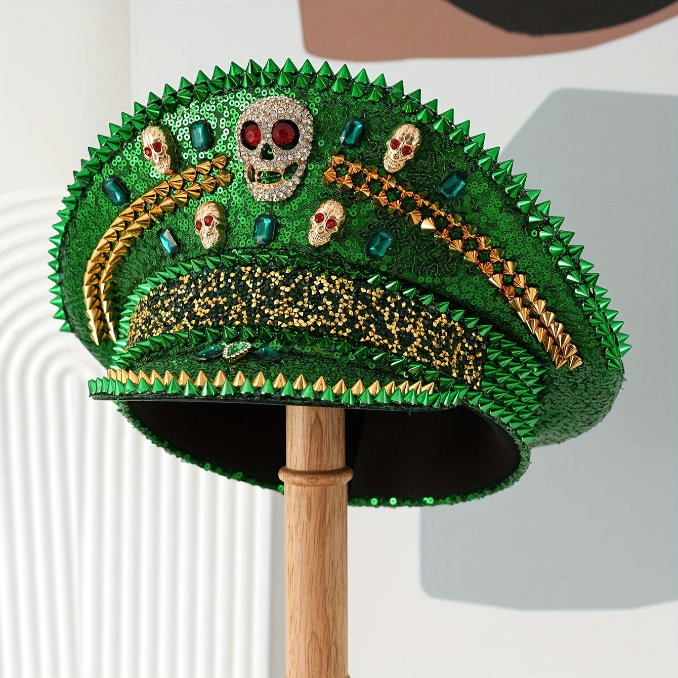 Green Red Glitter Sequin Rivet  Skull Rhinestone Hat