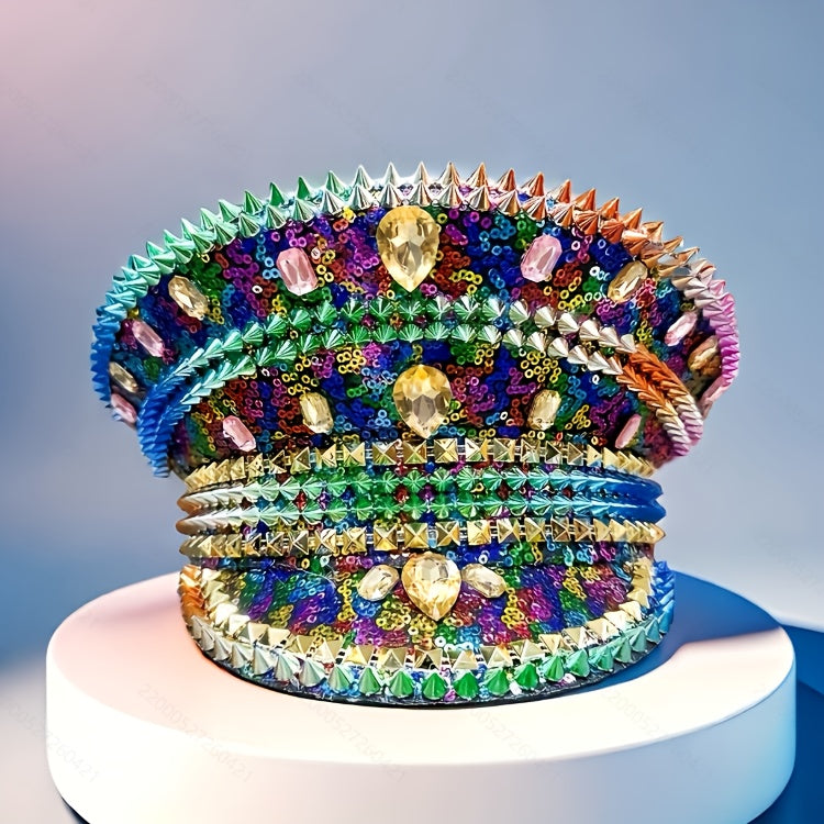 Vintage Steampunk Rainbow Rhinestone & Sequin Captain Hat