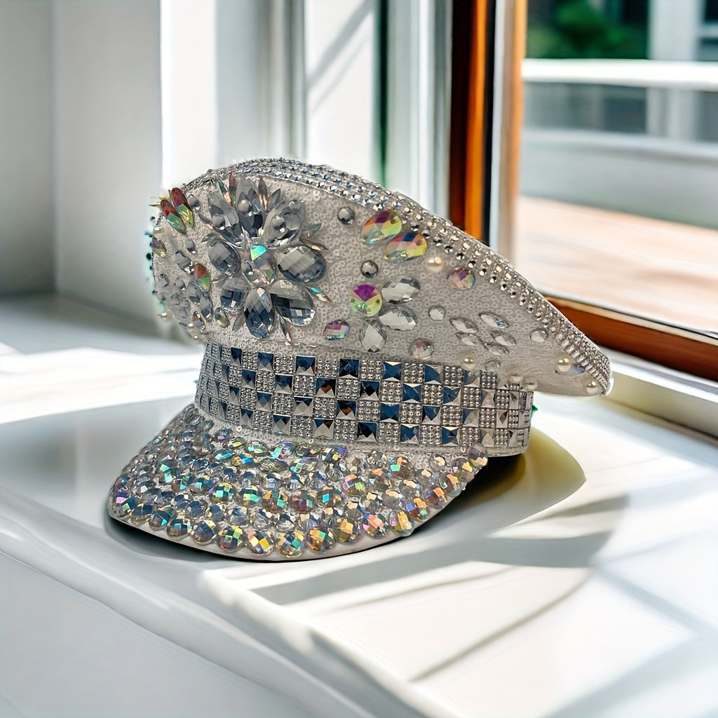 Sparkling Crystal-Embellished Military Hat