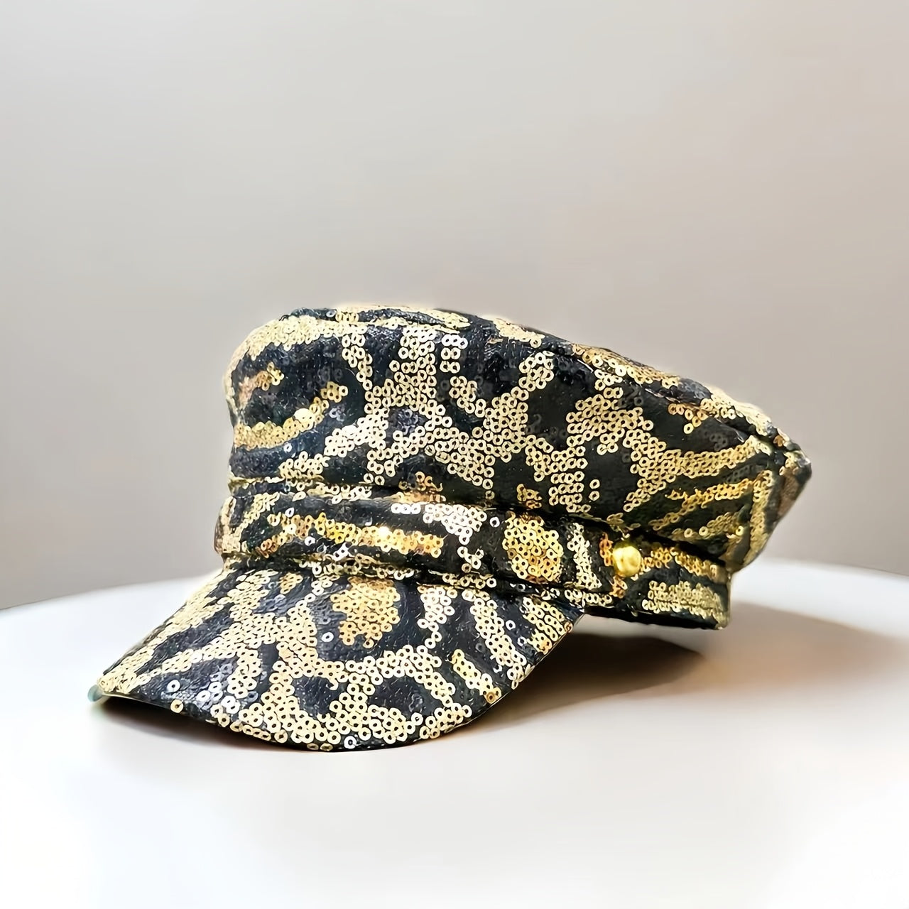 Leopard Print Sequin-Embellished Beret Hat