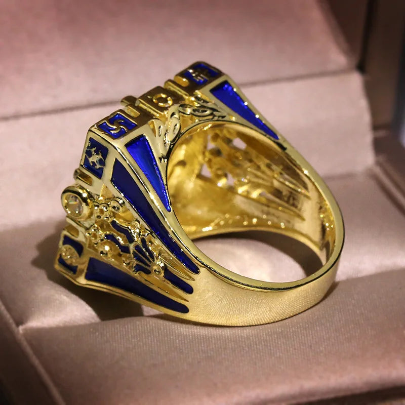 Enamel Blue Stripes Vintage 18K Gold Plated Ring