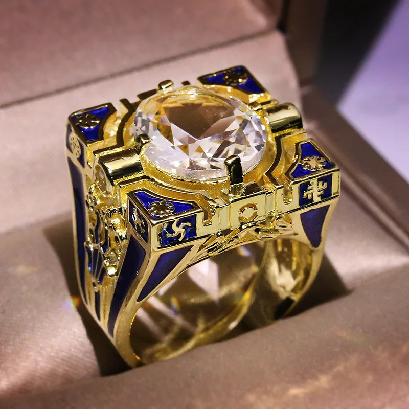 Enamel Blue Stripes Vintage 18K Gold Plated Ring